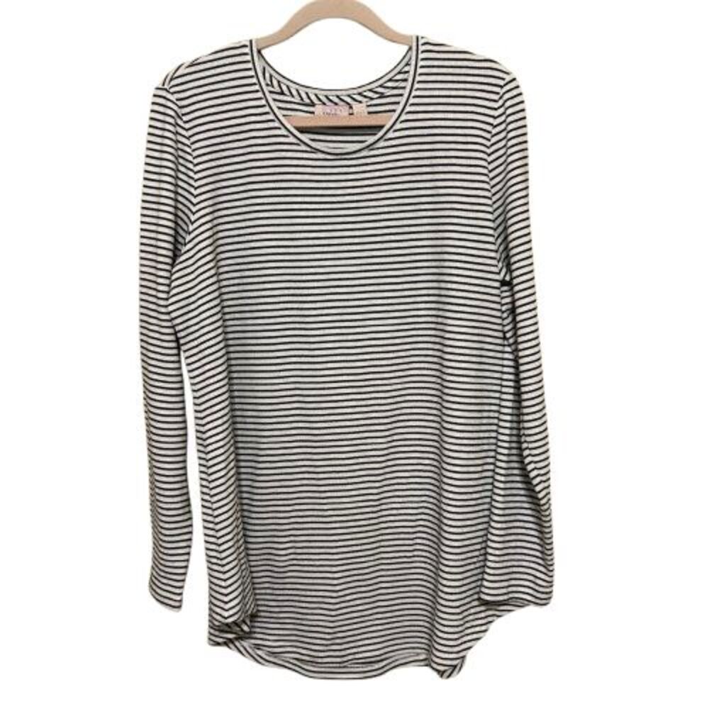 Lori Goldstein Logo Layers Tunic Top Size XL Black White Parisian Stripe Stretch